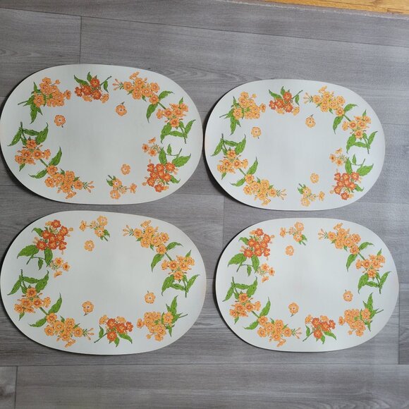 Vintage Oval Floral Placemats Set Of 4 With Orange & Green Flower Design - Picture 1 of 7
